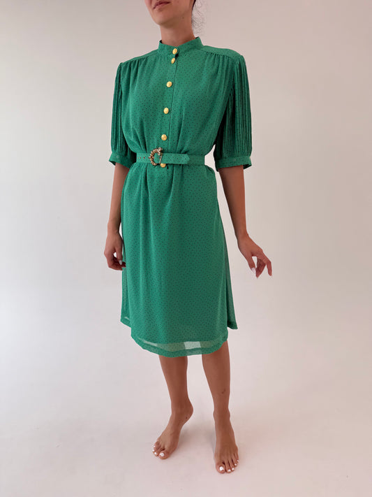 Rochie vintage verde tare cu buline, centura proprie și feronerie aurie