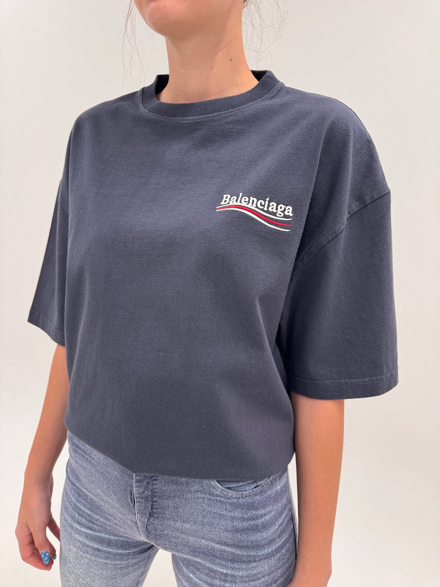 Tricou Balenciaga unisex oversized petrol gray din bumbac excepțional de gramaj mare