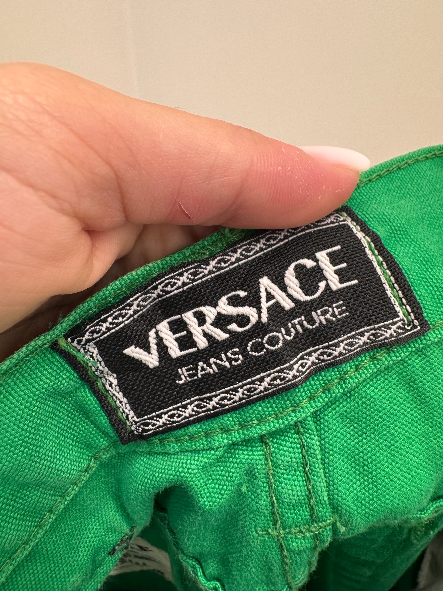 Pantaloni vintage Versace din pânză cu talie ultra înaltă electric green