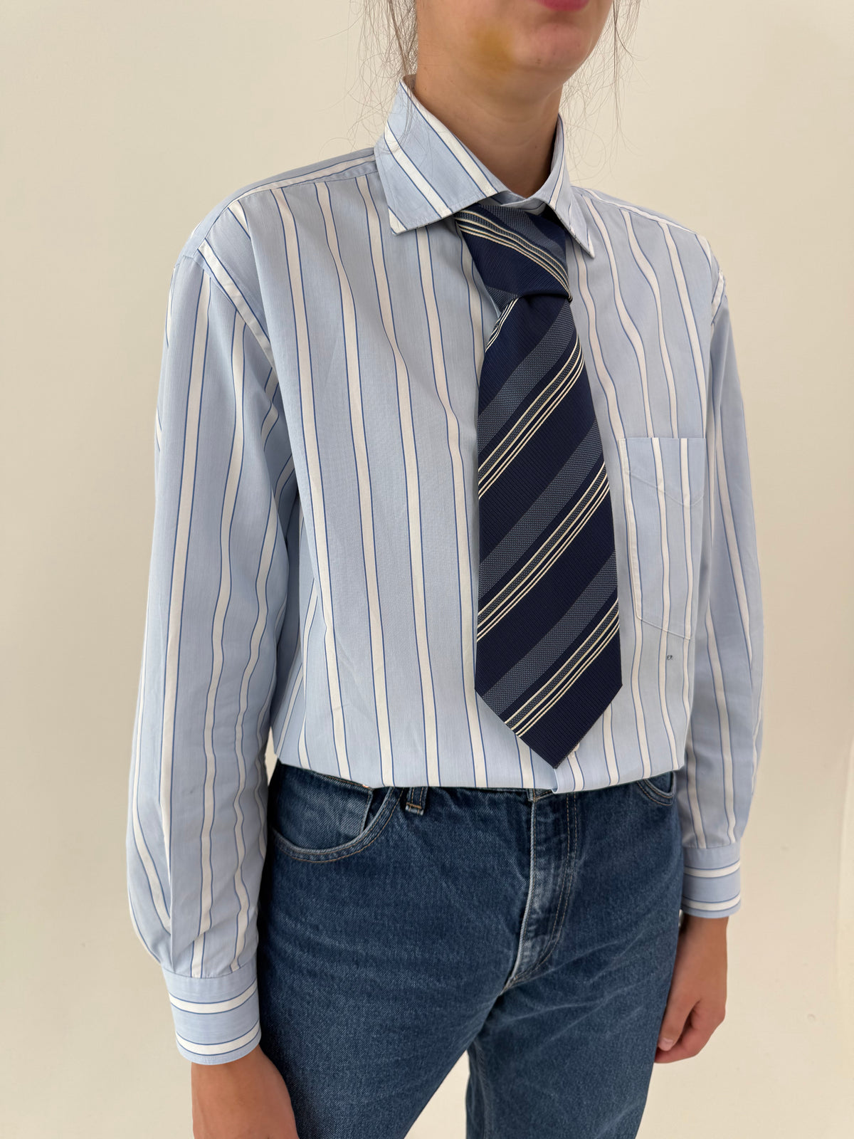 Cravata vintage Rocco Barocco în dungi și nuanțe de Jeans blue