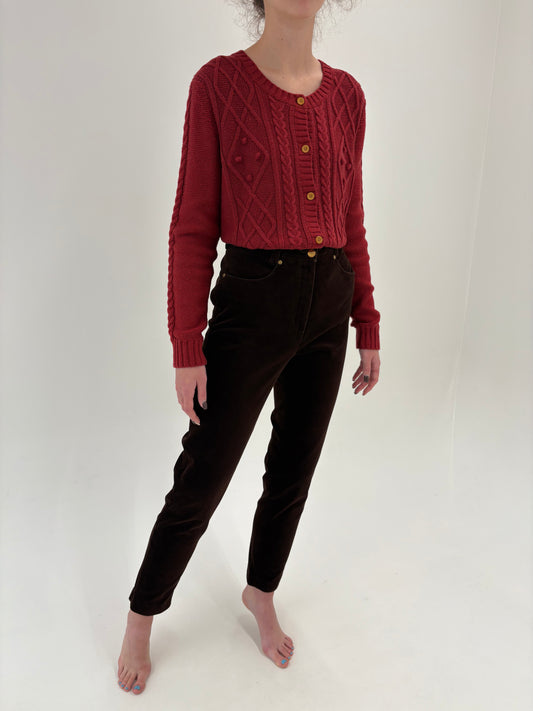 Pantaloni confort chocolate brown  din catifea modelatoare cu talie înaltă