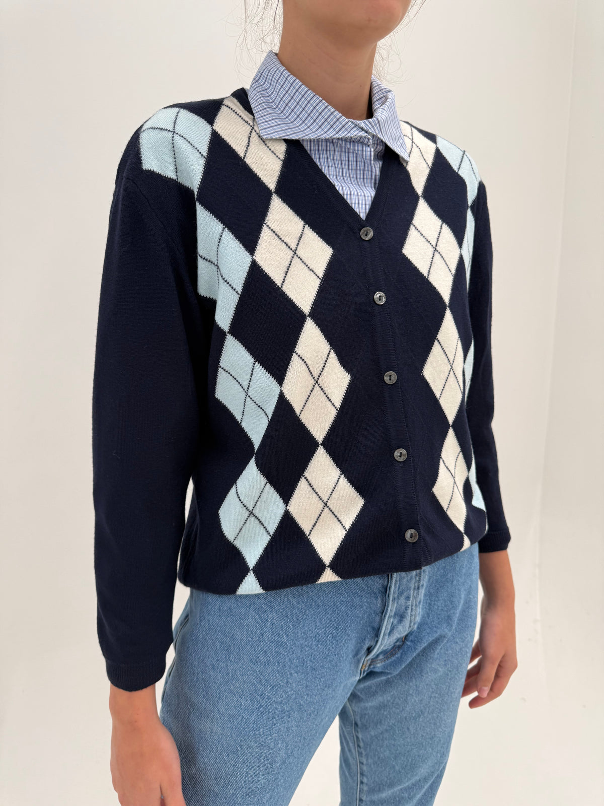 Cardigan italian Argyle din lana extrafina și culori clasice
