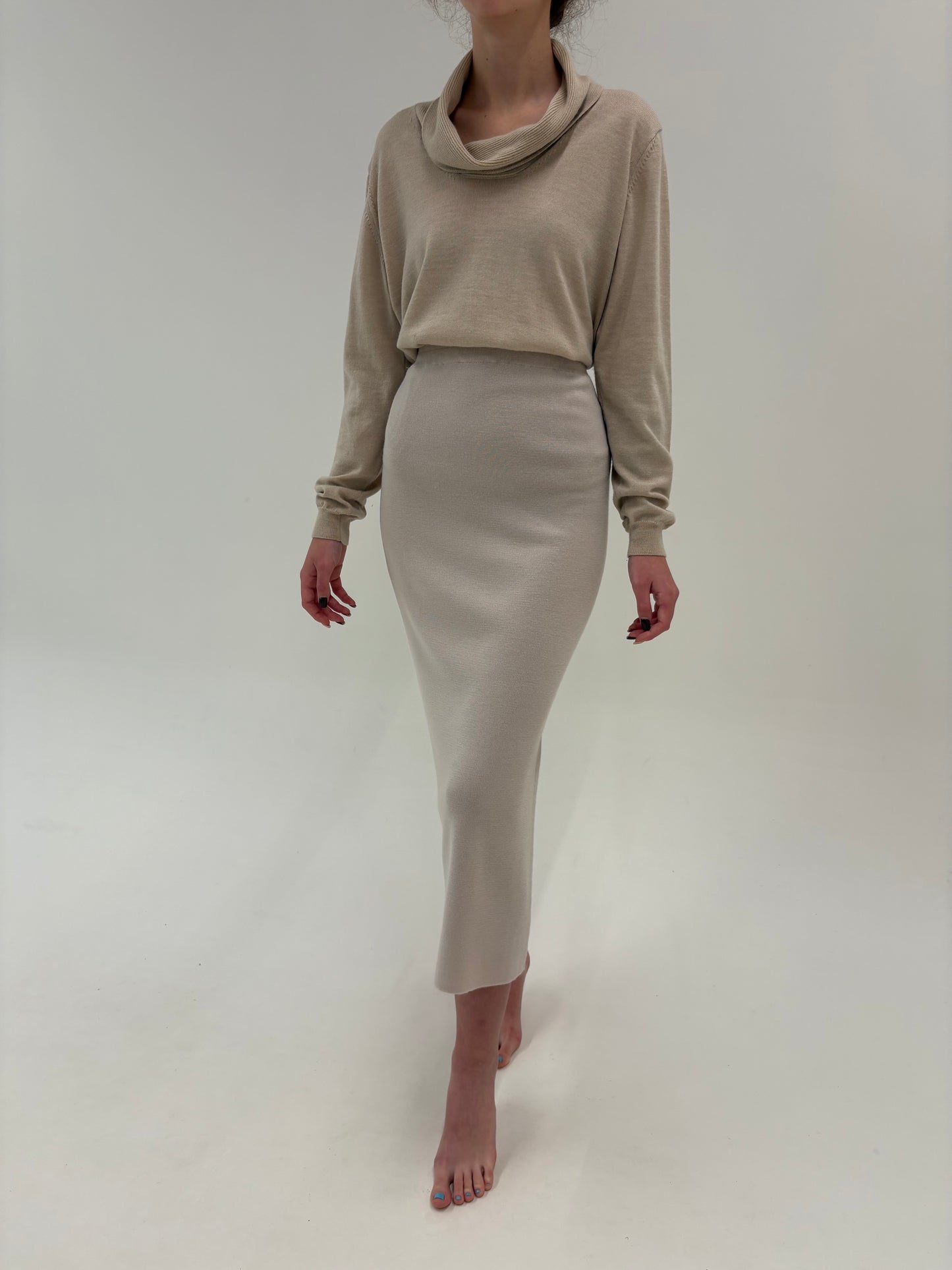 Fustă off white maxi din tricot de lână merino extrafina de gramaj mare