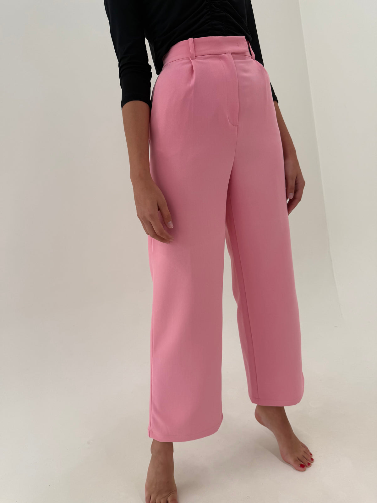 Pantaloni palazzo Versace din bumbac gros de toamnă bubblegum pink cu talie extrem de înaltă