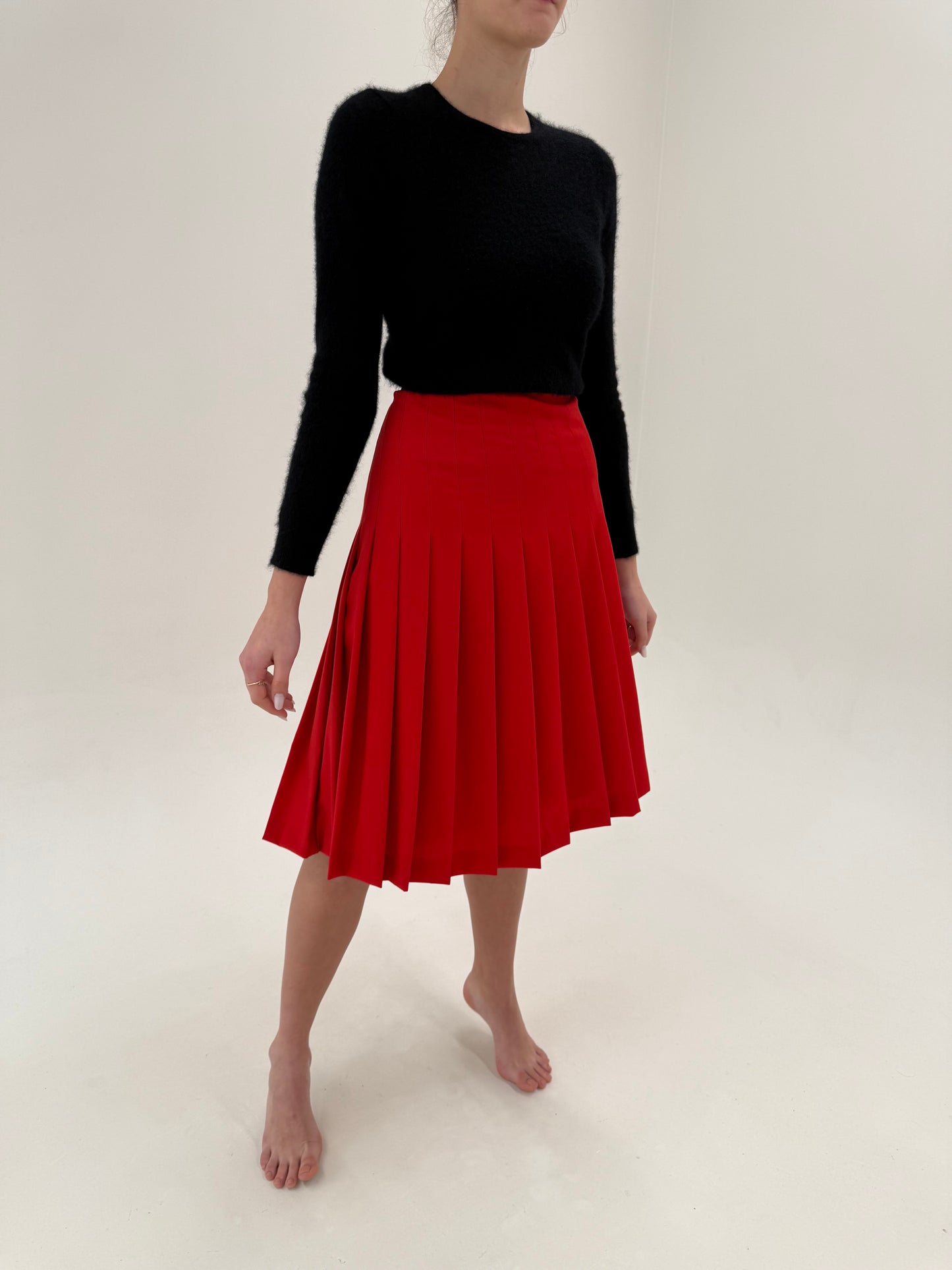 Fustă vintage cherry red plisata cu talie ultra înaltă din lanita extrafina