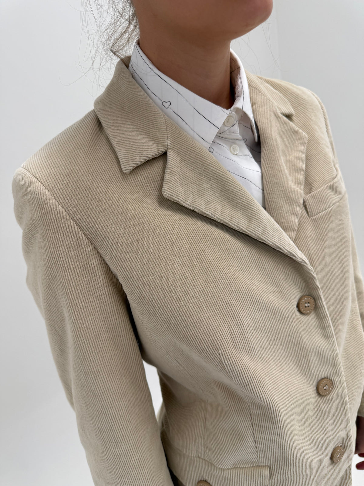 Sacou de brand luxury Marina Rinaldi din catifea light camel raiata de bumbac plin
