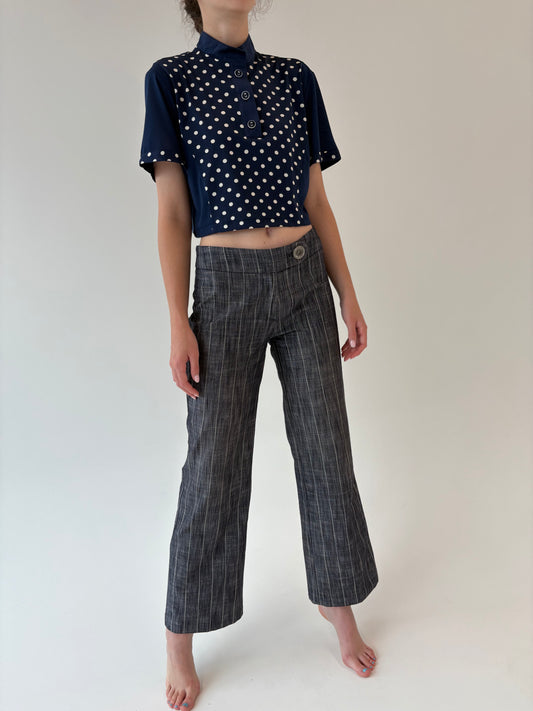 Pantaloni din pânză spre palazzo cu influențe Navy și dungi verticale