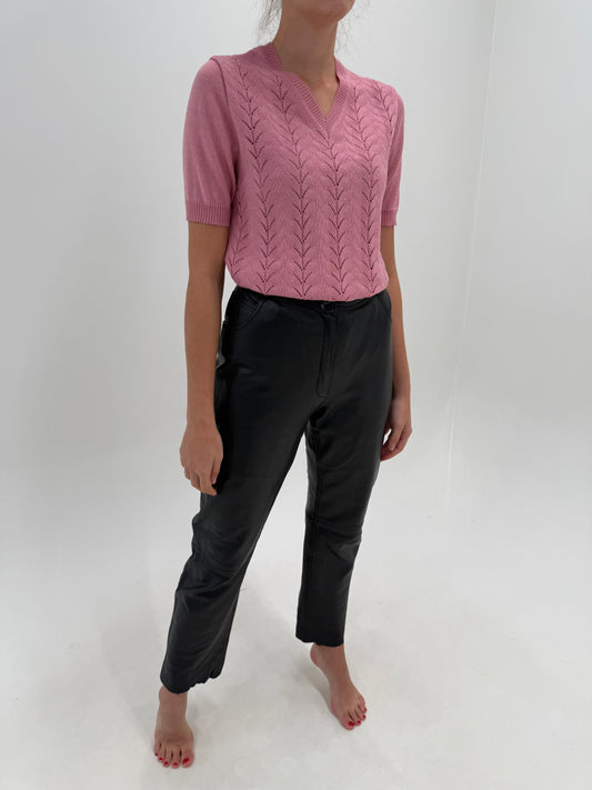 Pantaloni tall din piele naturală extra moale cu talie înaltă  în croi clasic