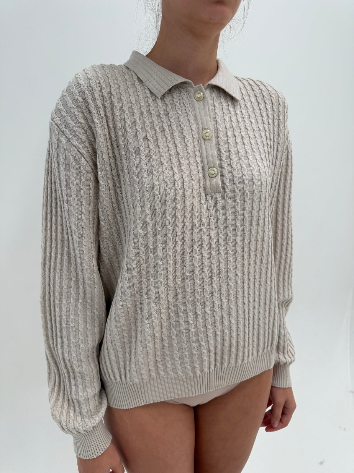 Pulover vintage italian polo cu torsade warm gray din lana extrafina