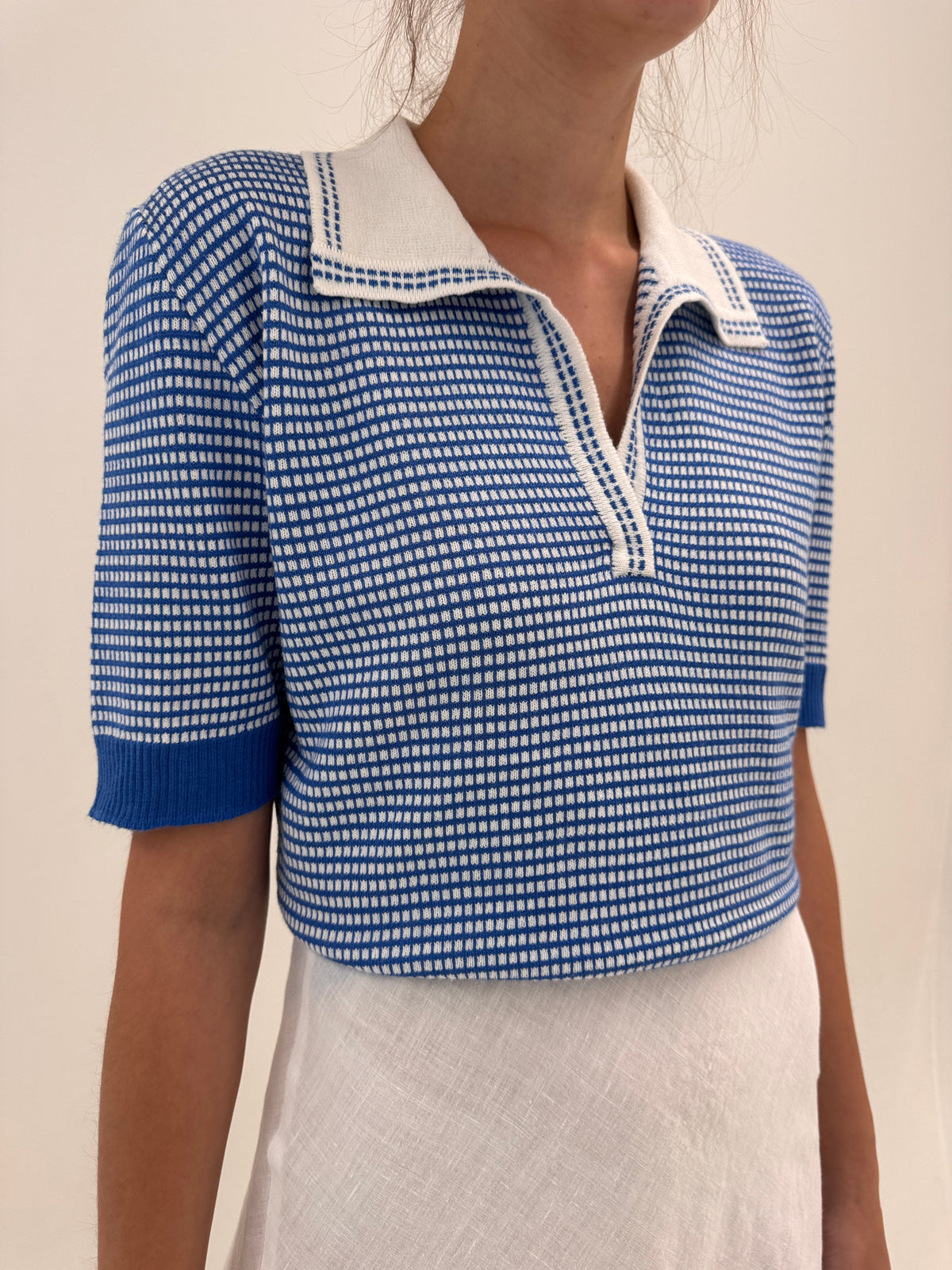 Top polo din jerse fin de bumbac în carouri fine albastru cerneală