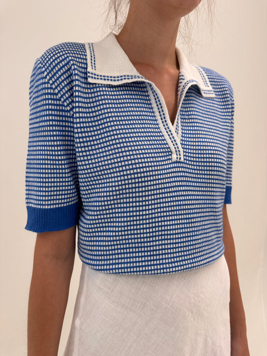 Top polo din jerse fin de bumbac în carouri fine albastru cerneală