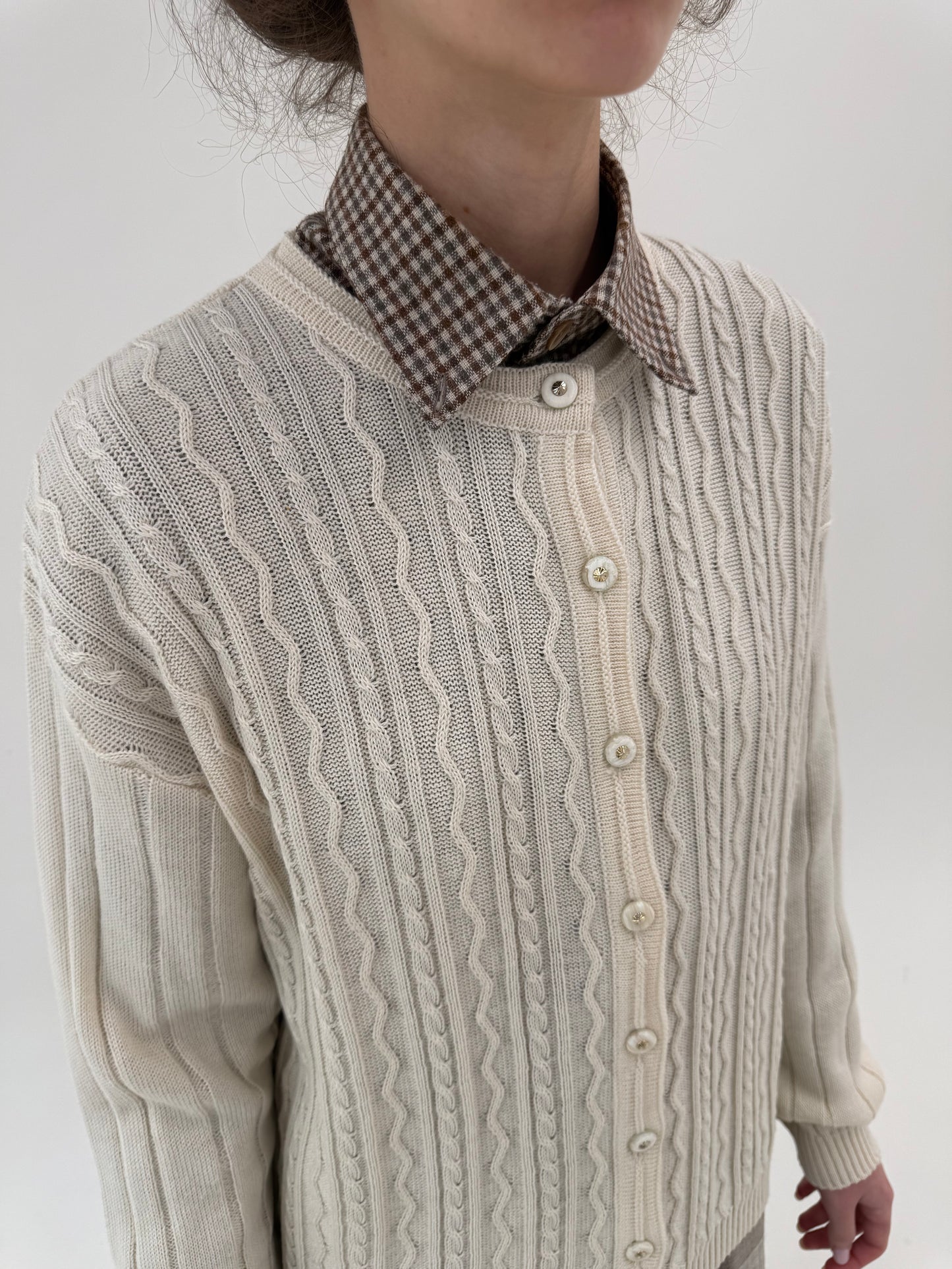 Cardigan vintage butter white texturat din lana extrafina