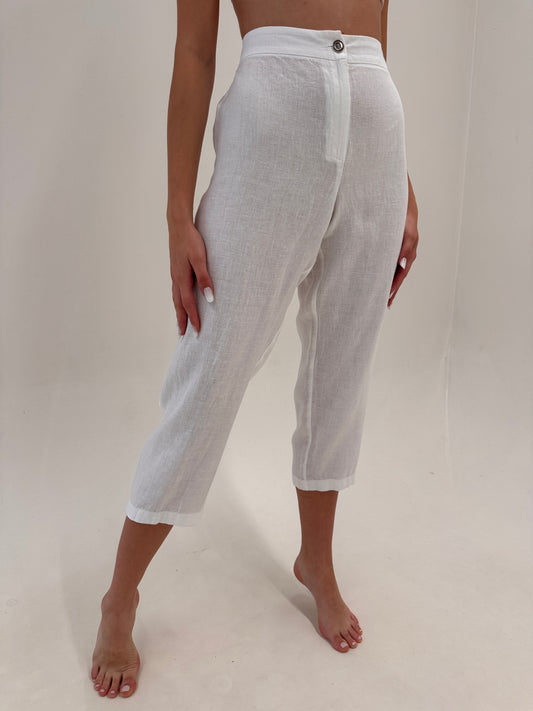 Pantaloni petite din in premium cu talie elastică