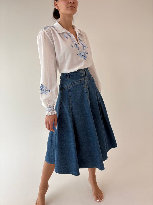 Fustă old vintage din jeans anii 80 extrem de amplă cu talie ultra înaltă
