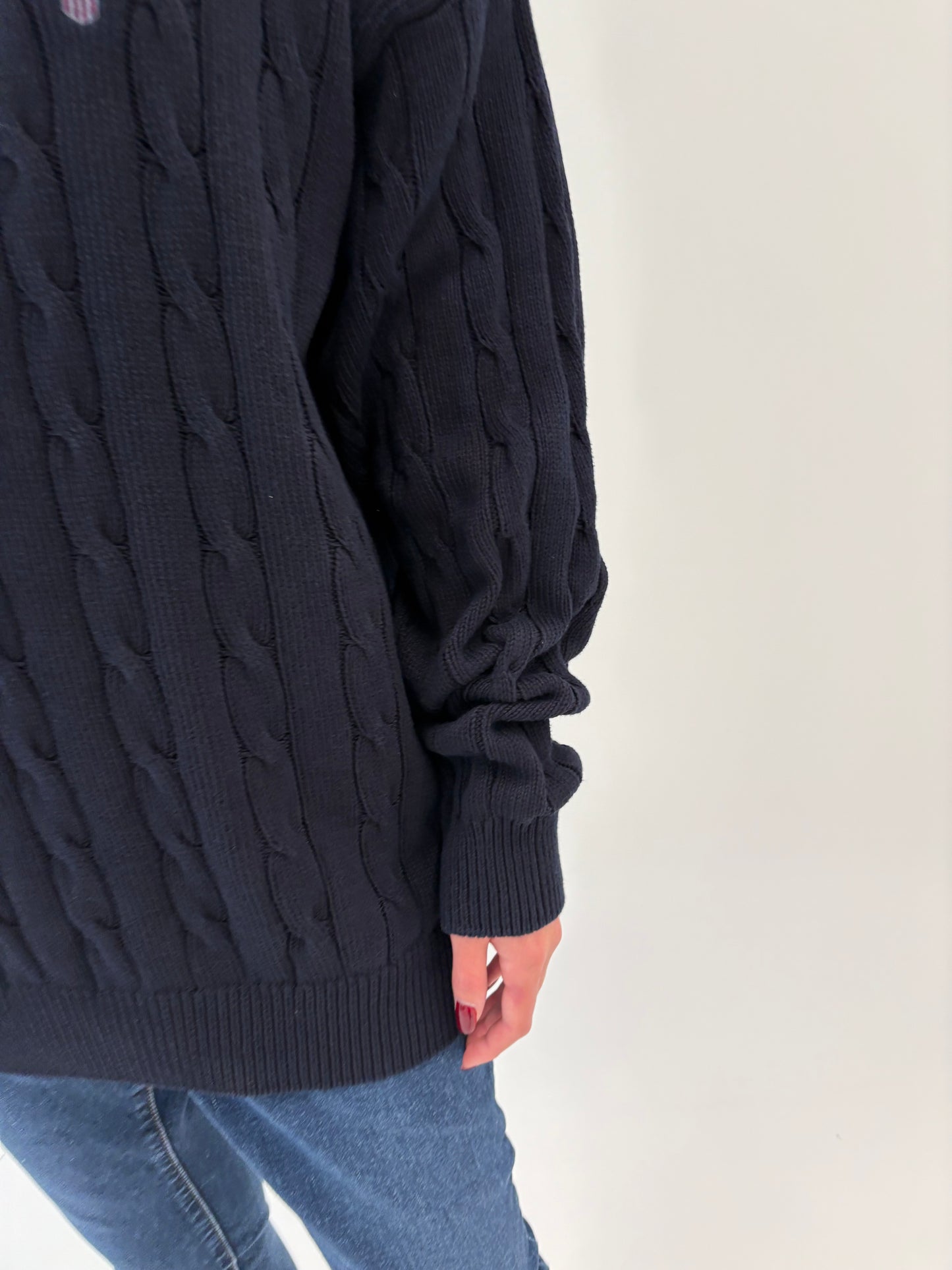 Pulover tall Gant dark Navy din bumbac de gramaj mare cu torsade