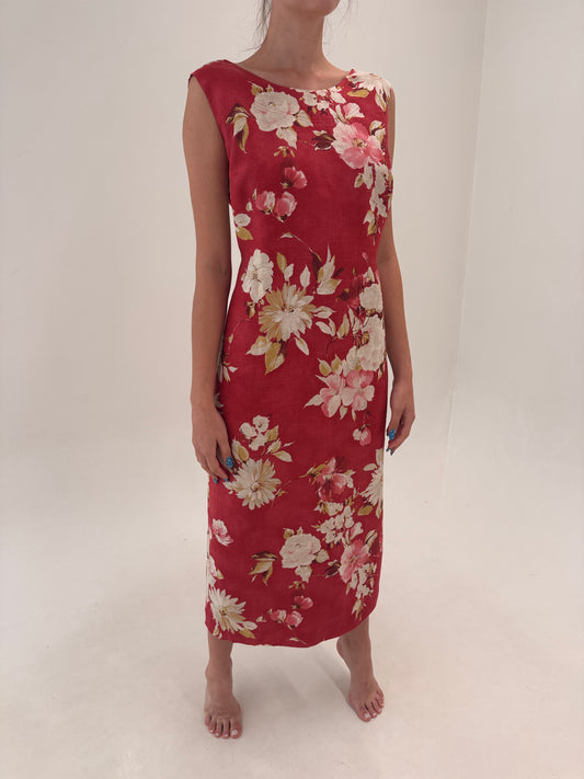 Rochie maxi în croi minimalist cu print floral superb în culori pudrate din in