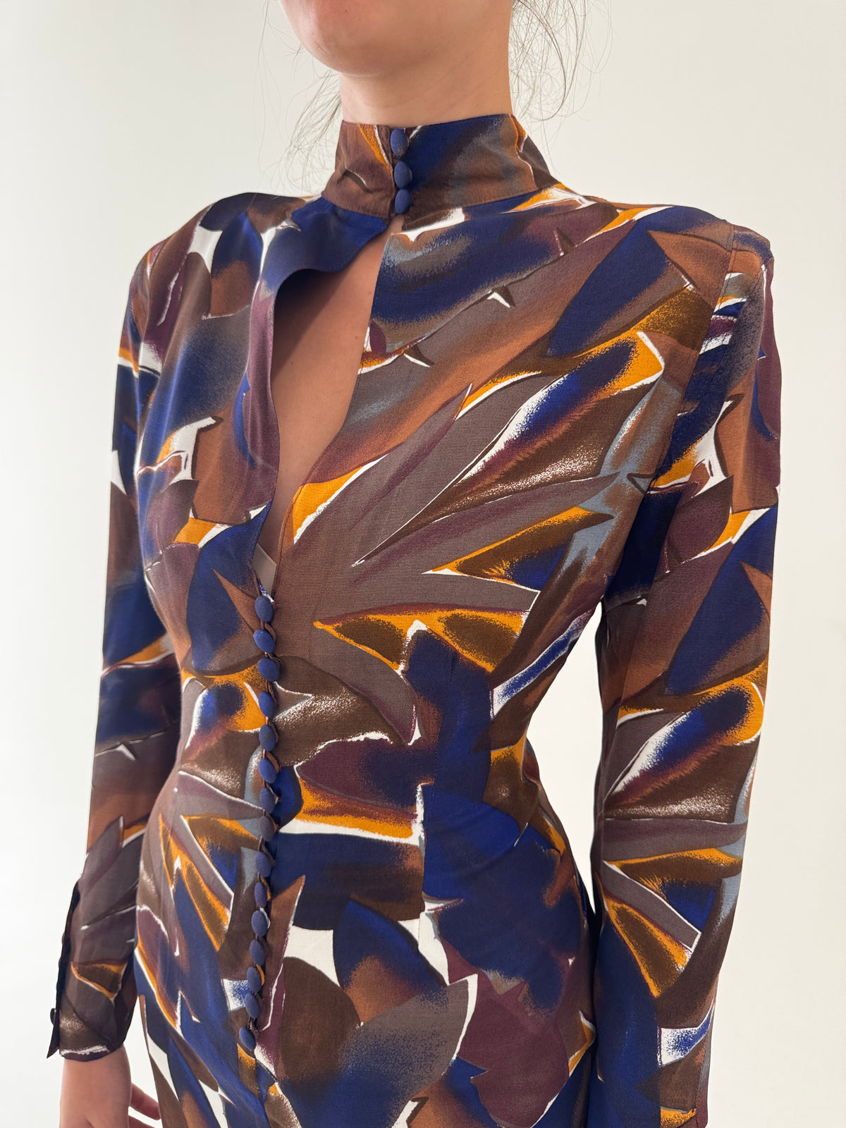 Rochie vintage de la zi la cocktail cu print spectaculos din mix plin de mătase naturală