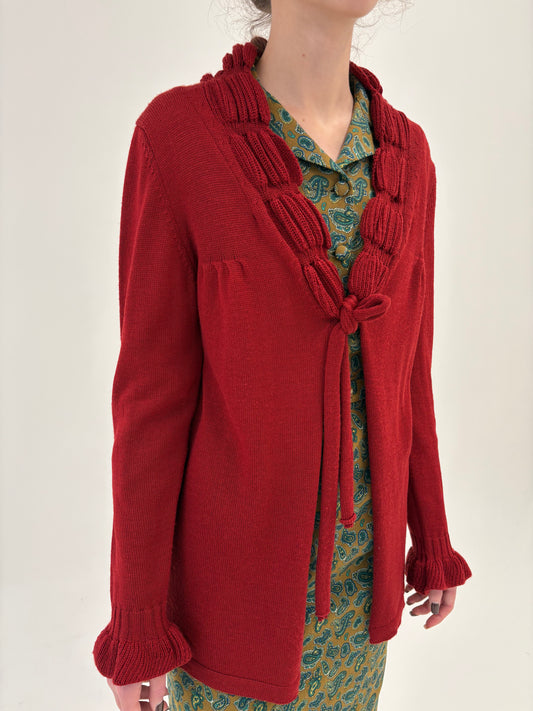 Cardigan cherry red italian cu efect 3D din lana extrafina