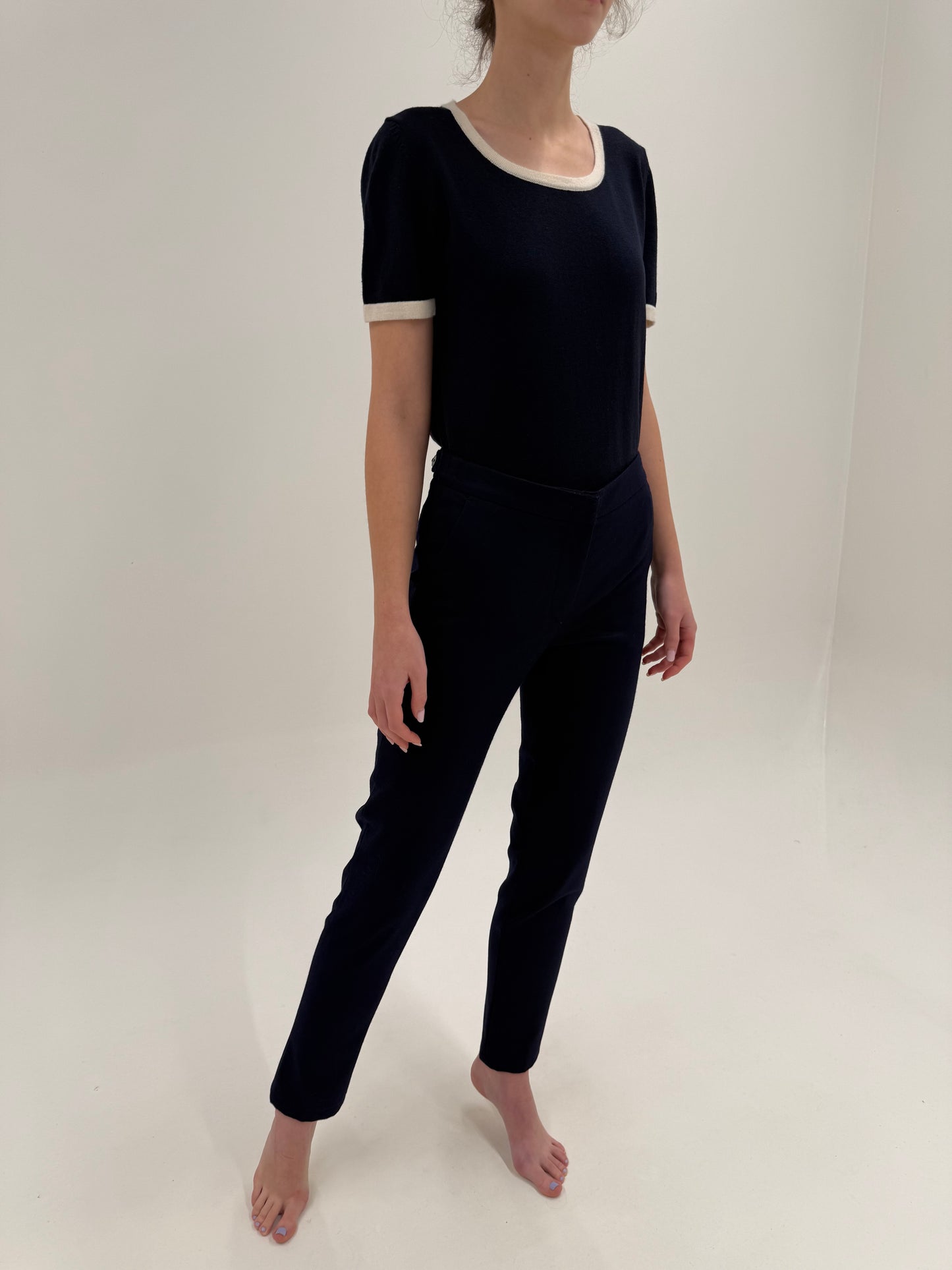Pantaloni tall Navy blue din lana extrem de fină plină