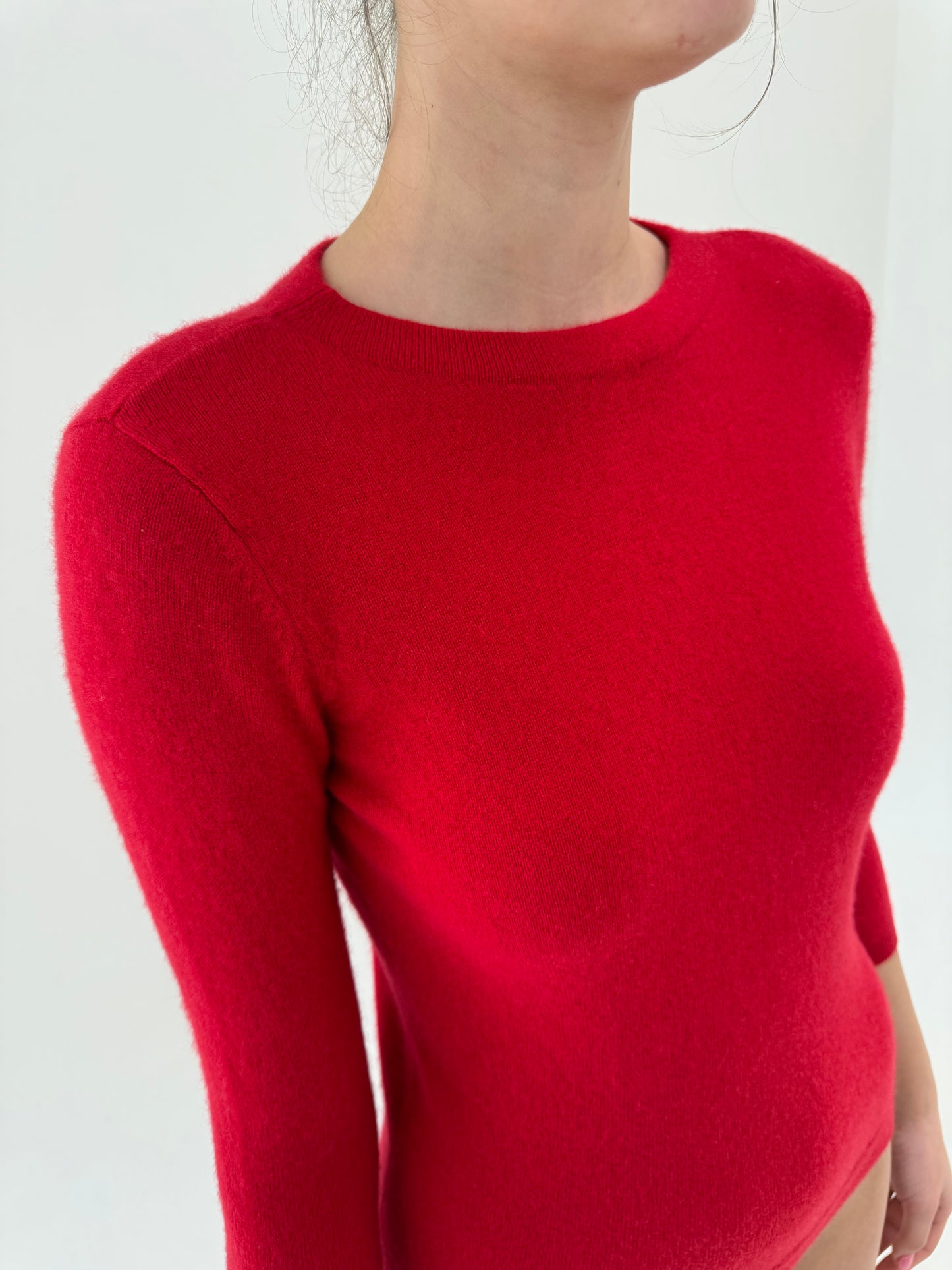 Puloveras roșu tare din cașmir cu mânecă 3/4 crew neck