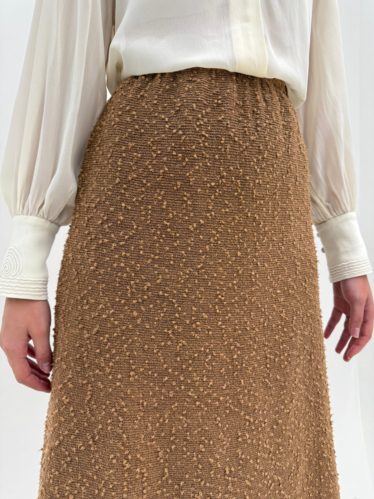 Fustă vintage camel din tricot texturat superb midi cu buzunare