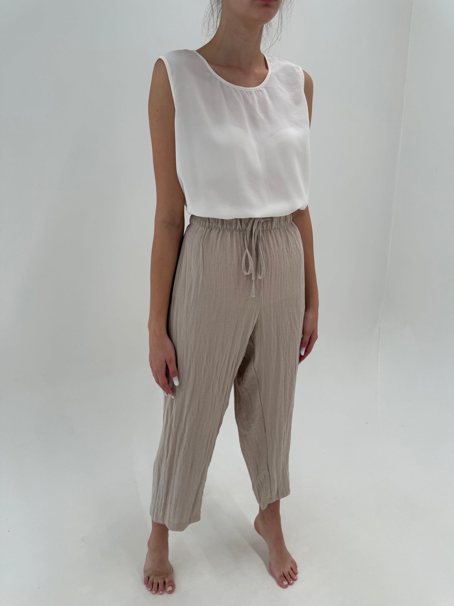 Pantaloni warm gray plus size super vaporoși din pânză de in și bumbac