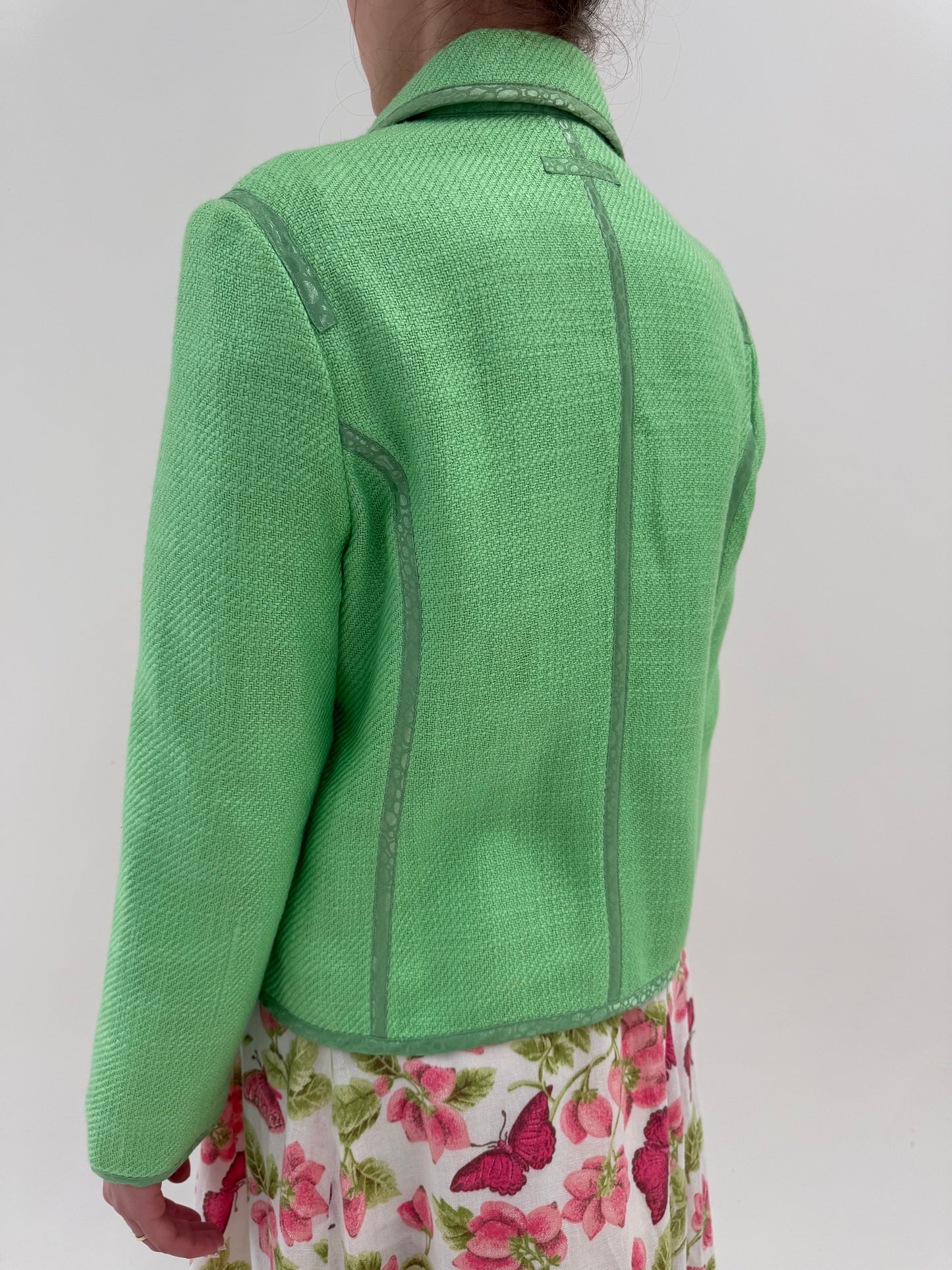 Sacou verde crud cambrat din tweed excepțional de in cu paspoal