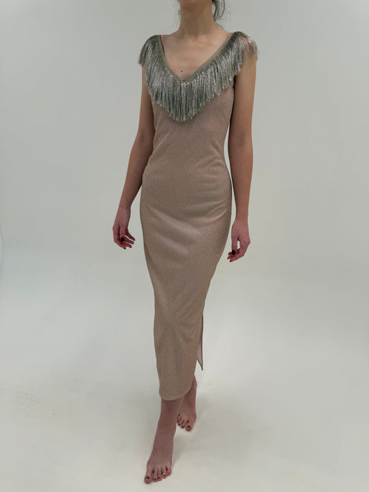 Rochie vintage maxi powder pink cu franjuri și inserții extrafine argintii