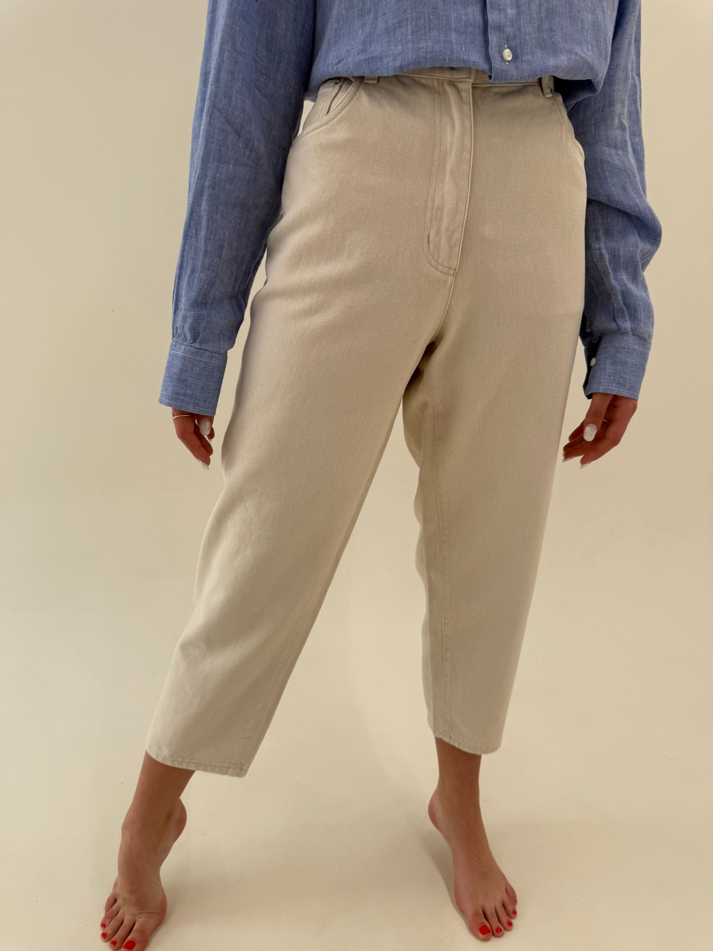 Jeans vintage butter nude cu talie ultra înaltă elastică mom fit petite