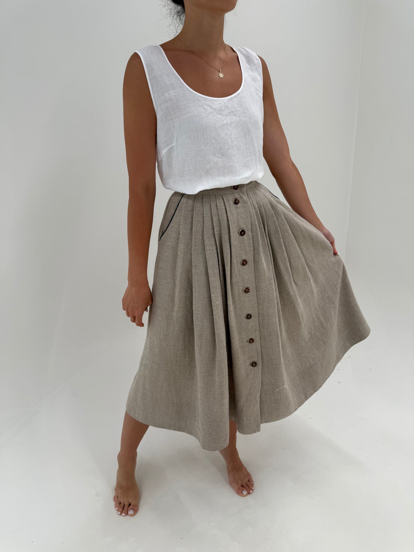 Fusta vintage maxi din pânză grea de in sand nude cu buzunare