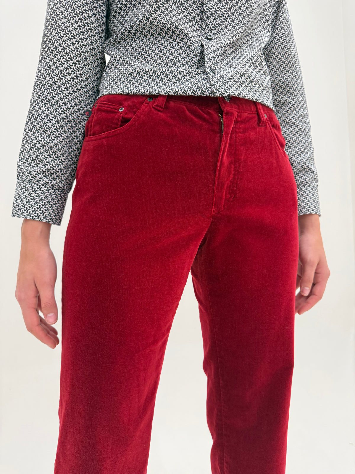 Pantaloni Ralph Lauren evazați cherry red din catifea ultra confort de bumbac și lycra