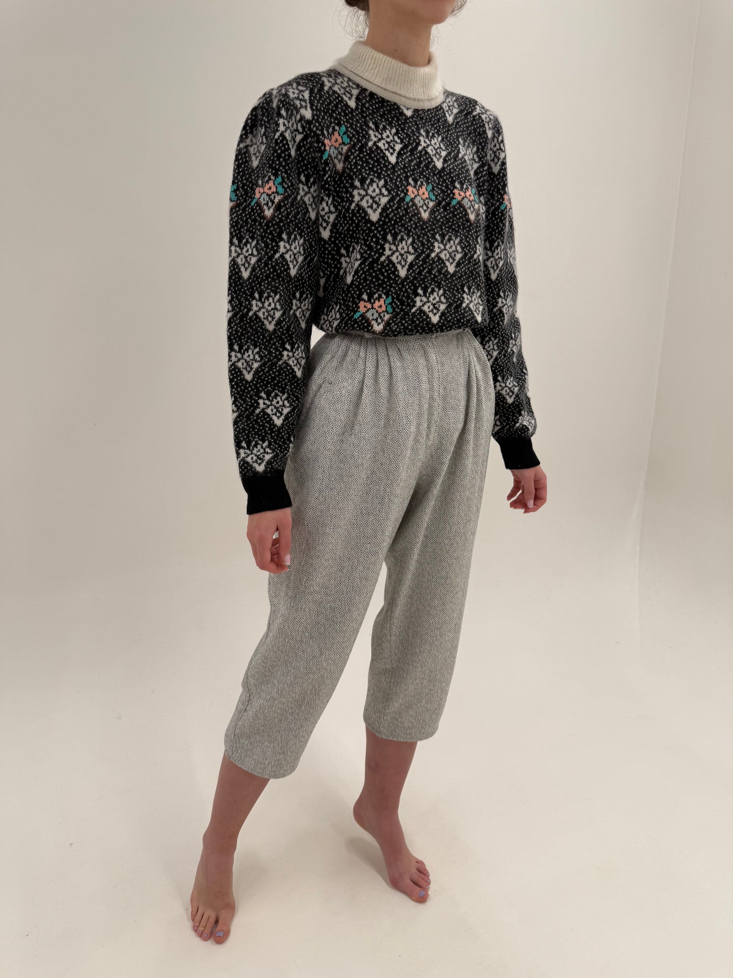 Pantaloni vintage petite din stofă melanj alb cu negru și talie ultra înaltă