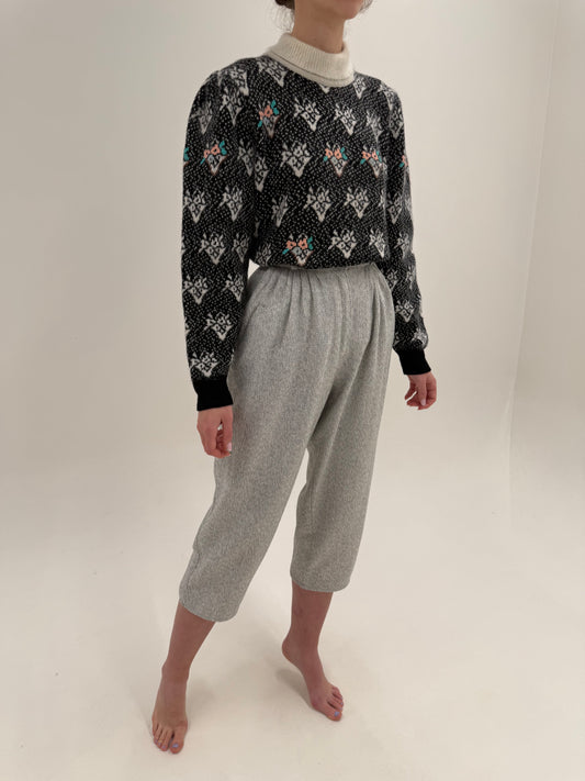 Pantaloni vintage petite din stofă melanj alb cu negru și talie ultra înaltă