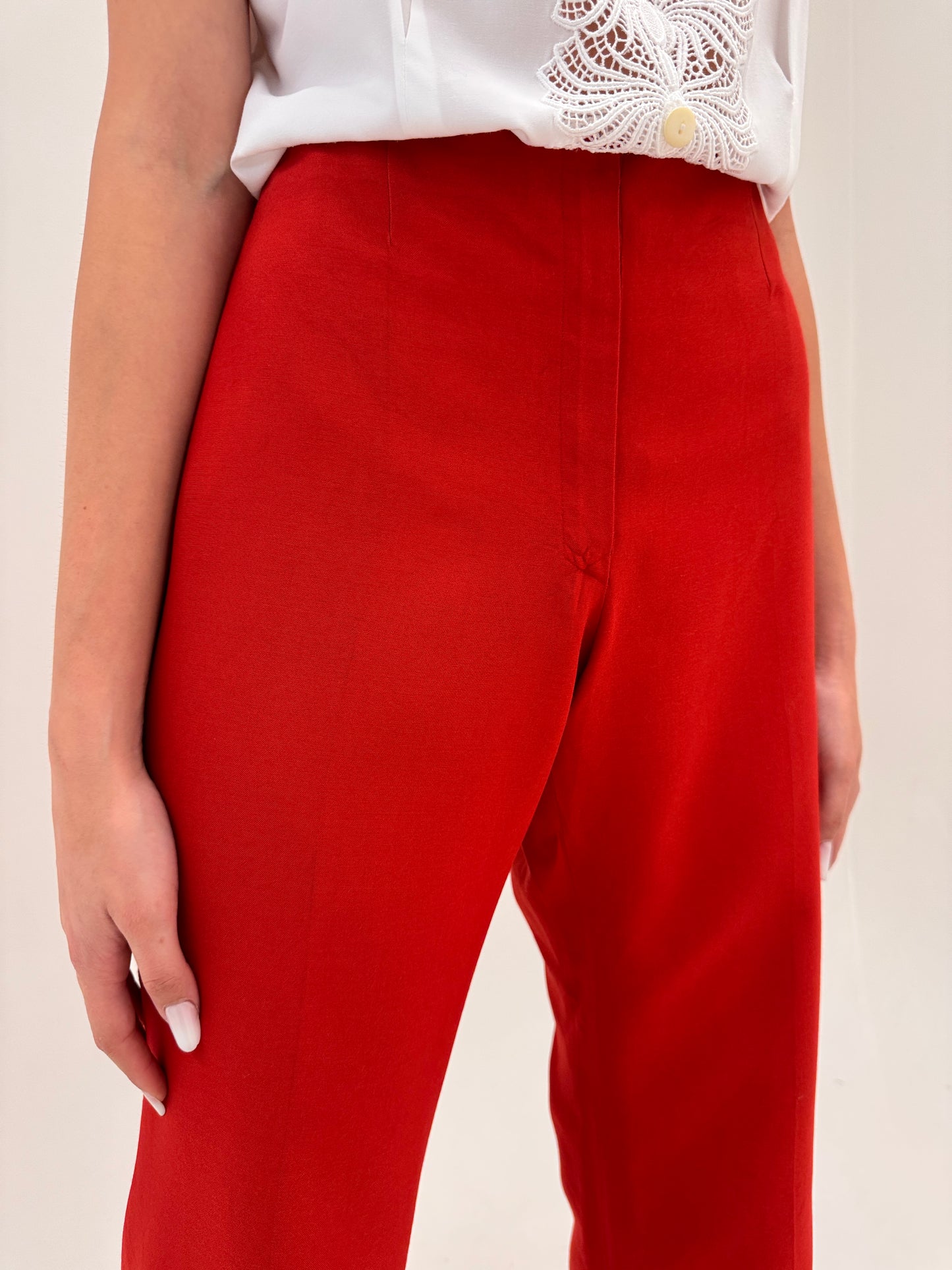 Pantaloni italienești premium brick red din pânză ușor satinata