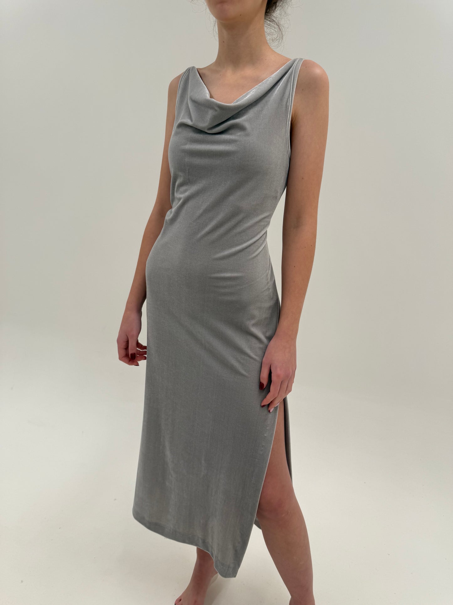 Slip dress maxi italiană silver gray quiet sexy sfârșit de ani 90