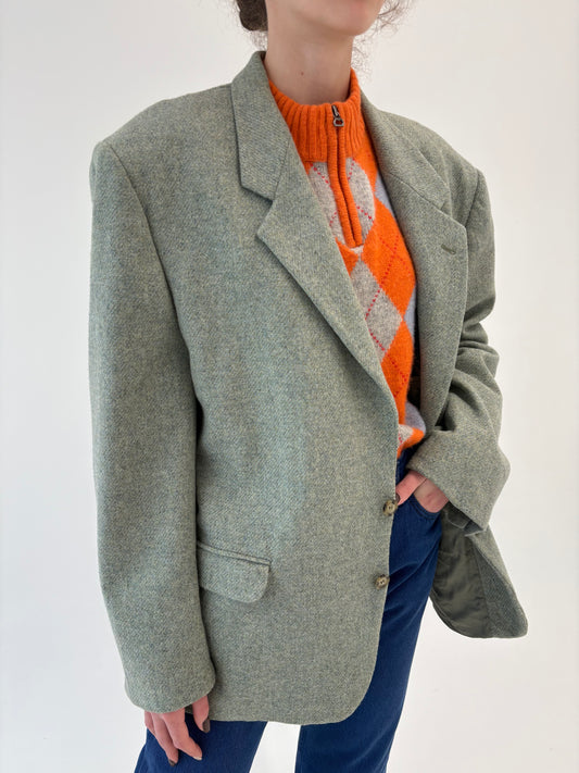 Sacou Sage green din tweed plin de lana excepțională cu inserții pudrate