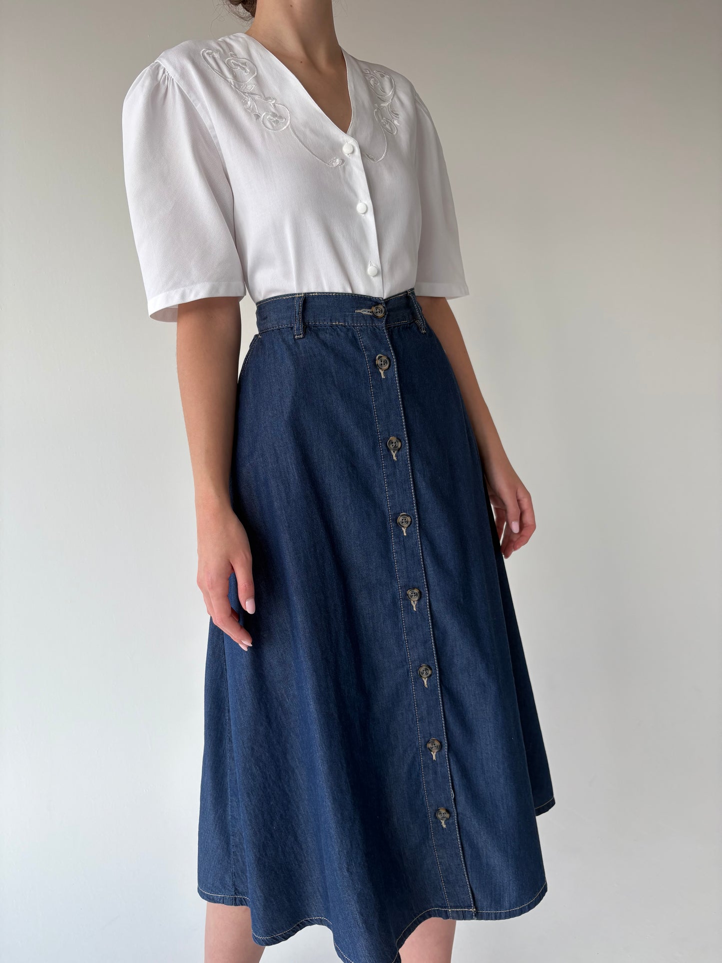 Fustă vintage A-line din jeans subțire de vară calssic wash cu talie elastică