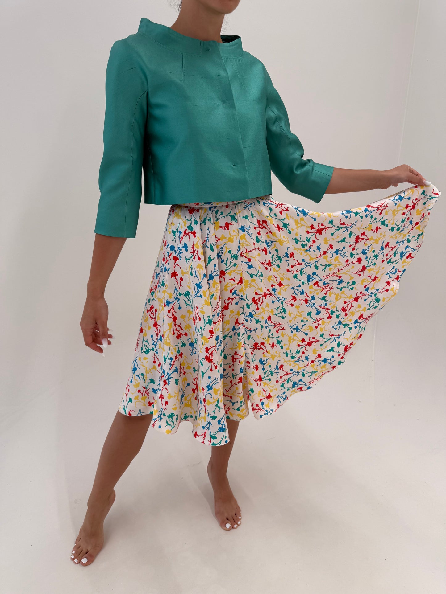 Fustă din twill de mătase naturală ultra amplă Pink white cu print floral delicat