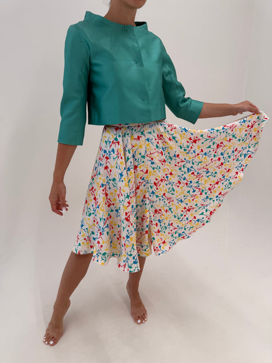 Fustă din twill de mătase naturală ultra amplă Pink white cu print floral delicat