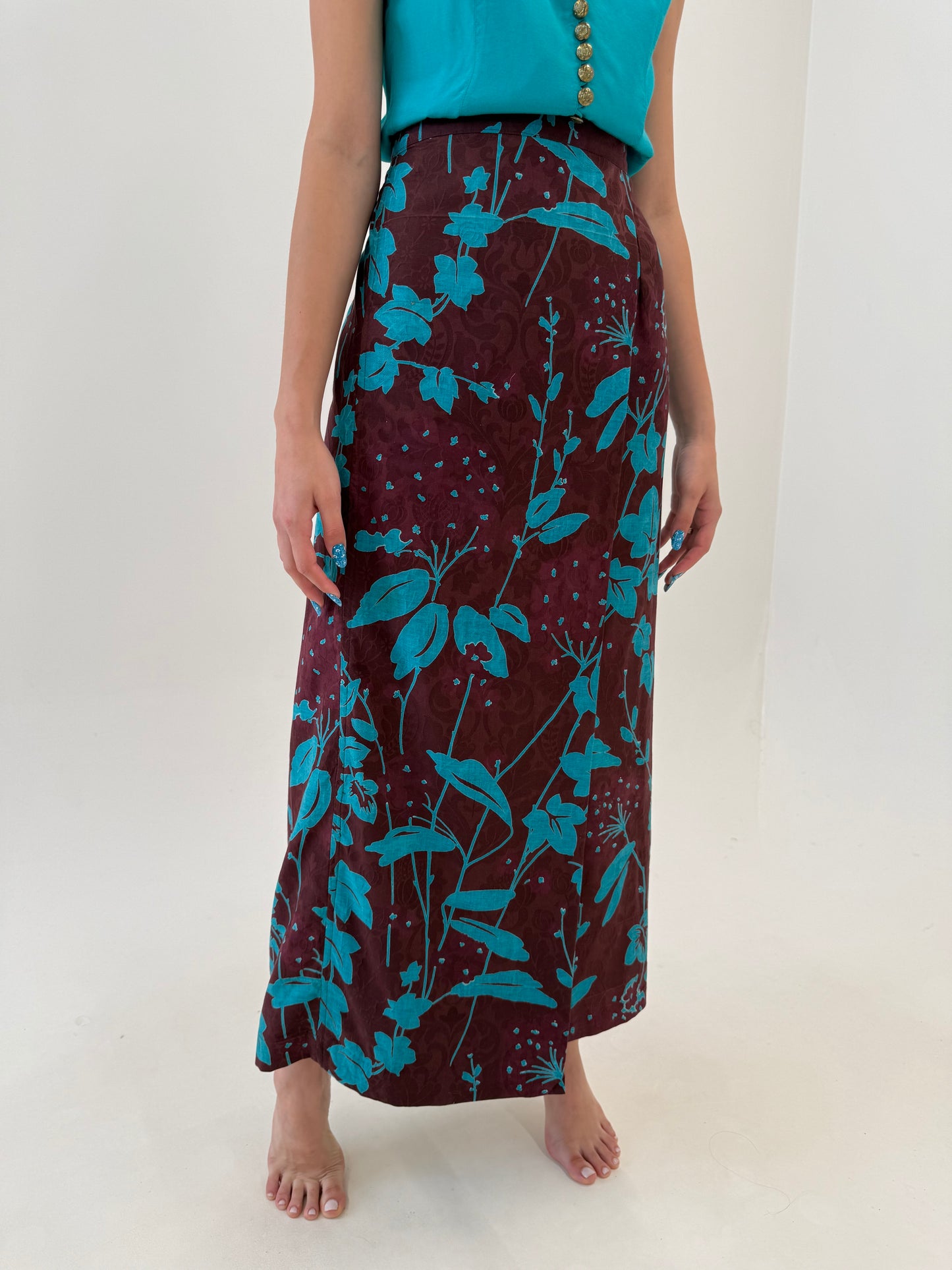 Fustă maxi tall petrecuta din canvas de bumbac plum orange cu print aqua