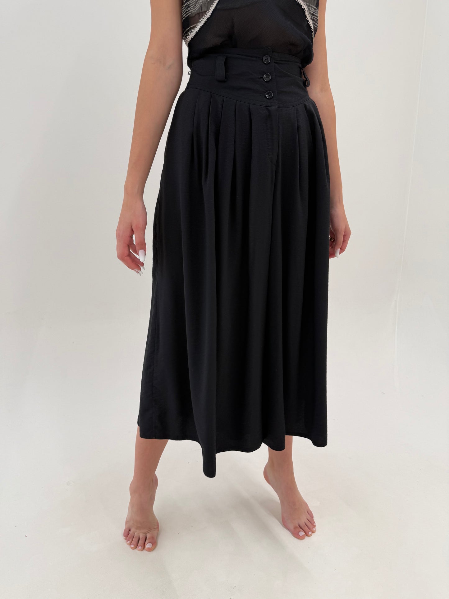 Fustă pantaloni vintage neagră super vaporoasă cu talie ultra marcată