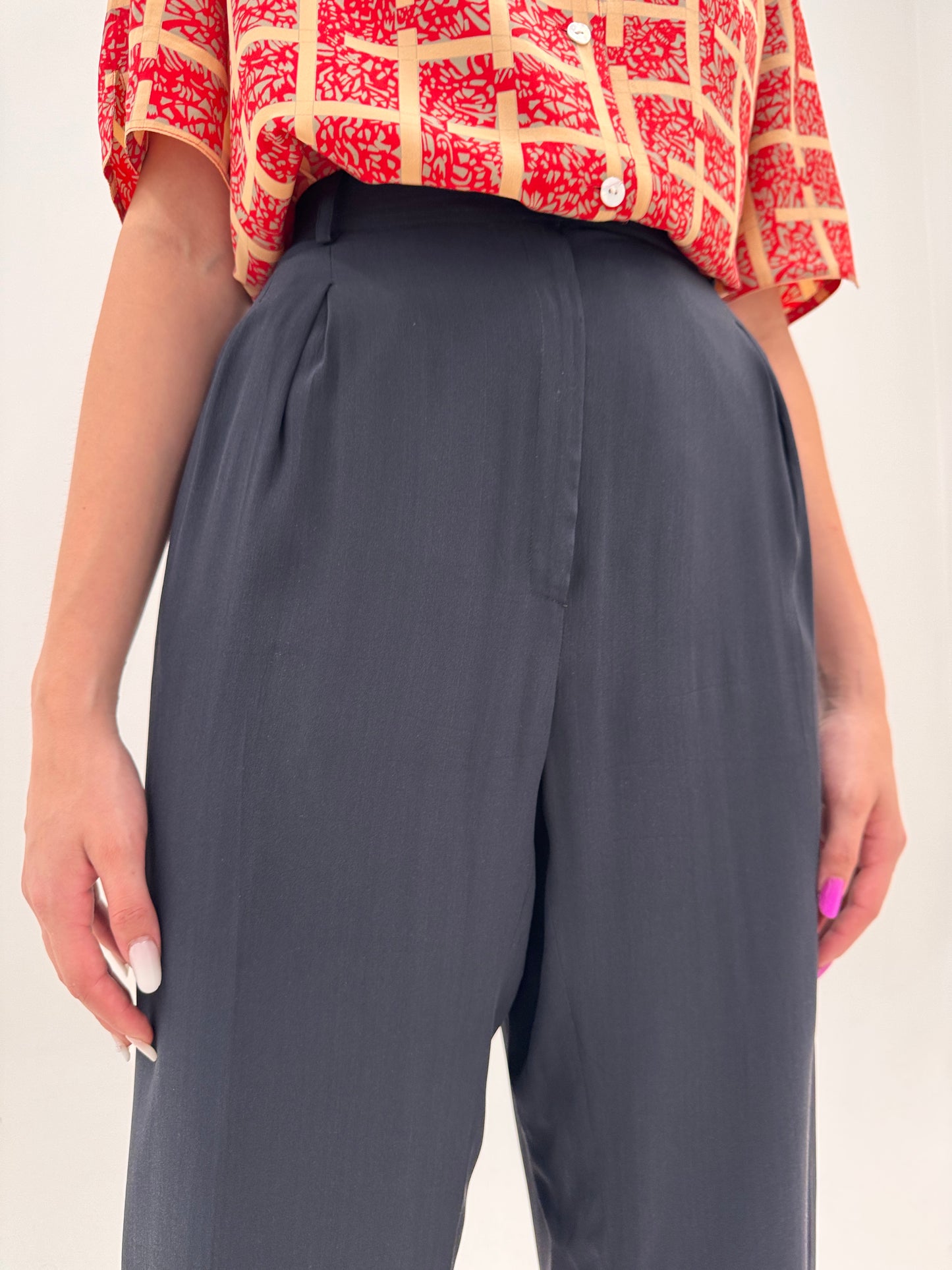 Pantaloni negri tall din mătase naturală cu talie ultra înaltă elastică de la zi la seară