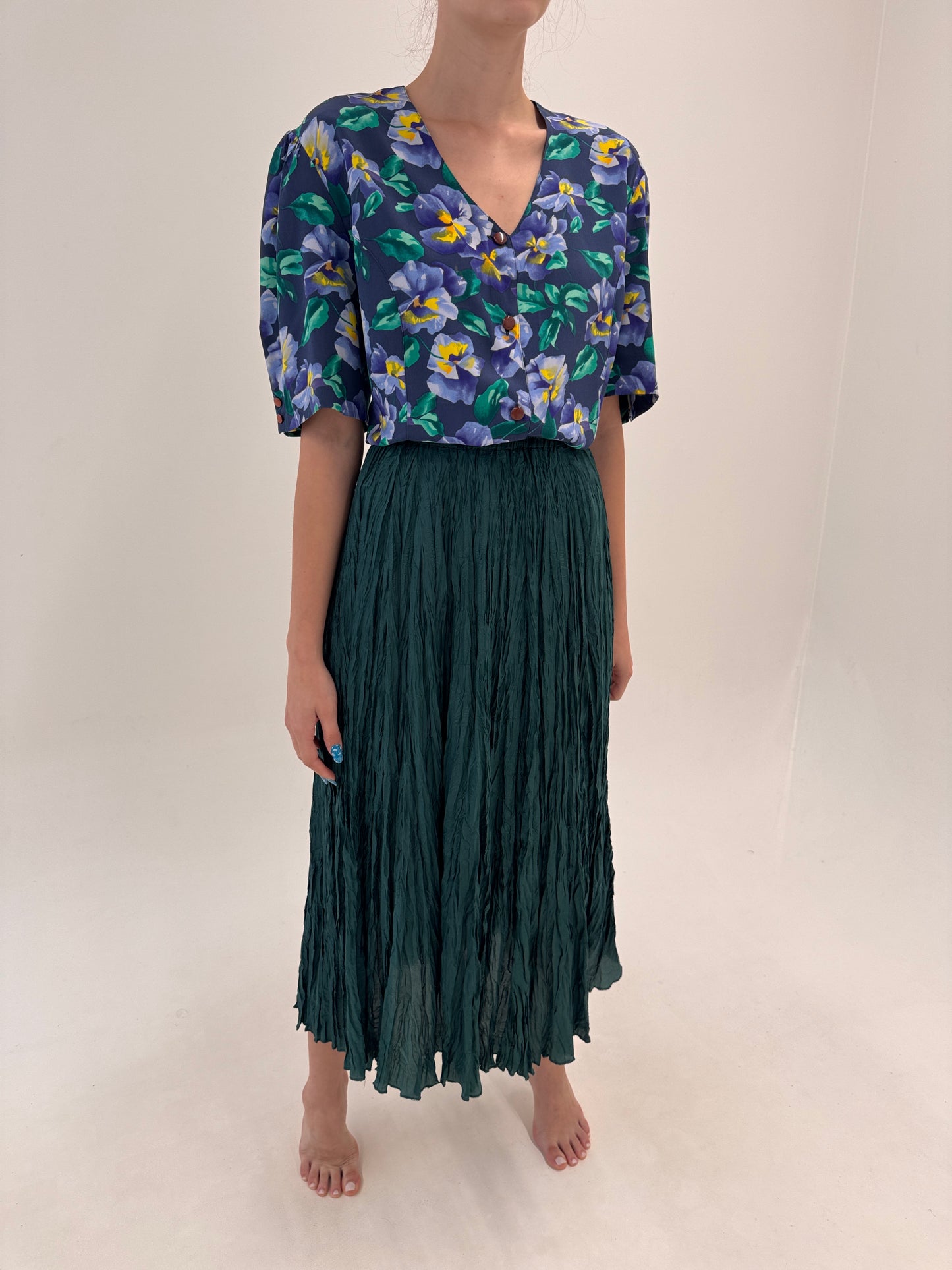 Fustă maxi din mătase naturală no iron dark green cu talie elastică ultra înaltă