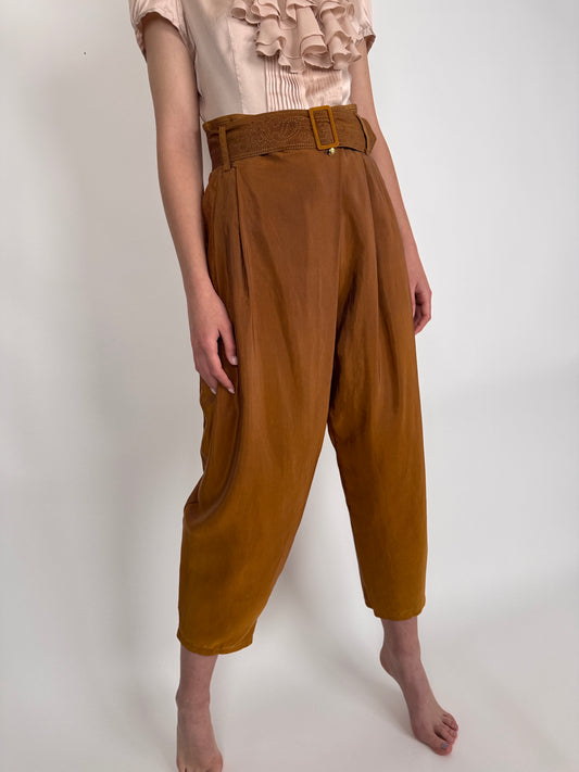 Pantaloni vintage caramel cu talie ultra înaltă din mătase naturală și BBC