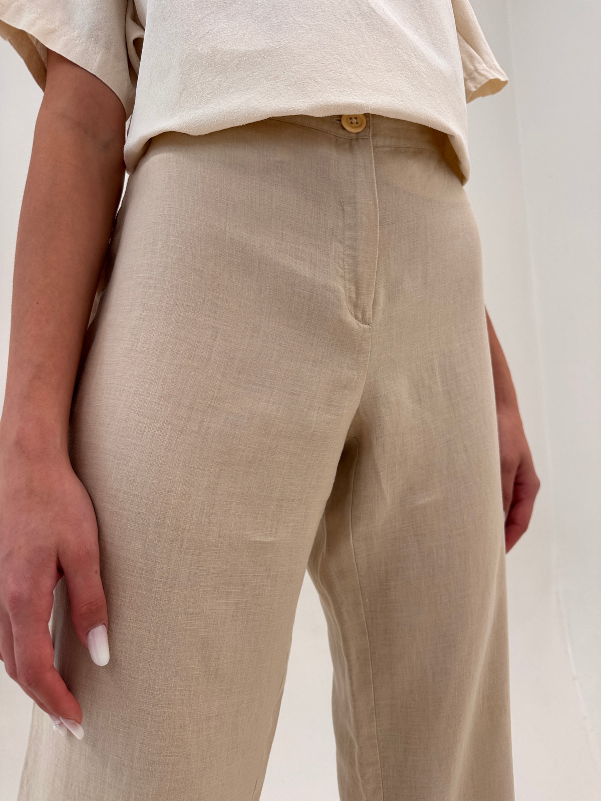 Pantaloni camel de brand premium italian din in premium în croi clasic drept