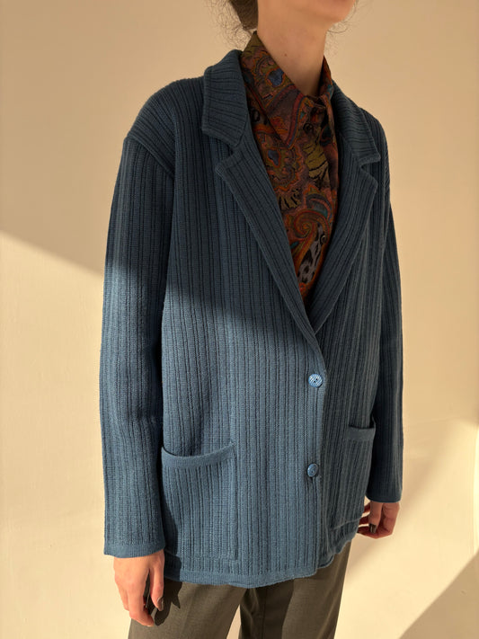 Sacou din tricot jeans blue din lana merino extrafina groasă