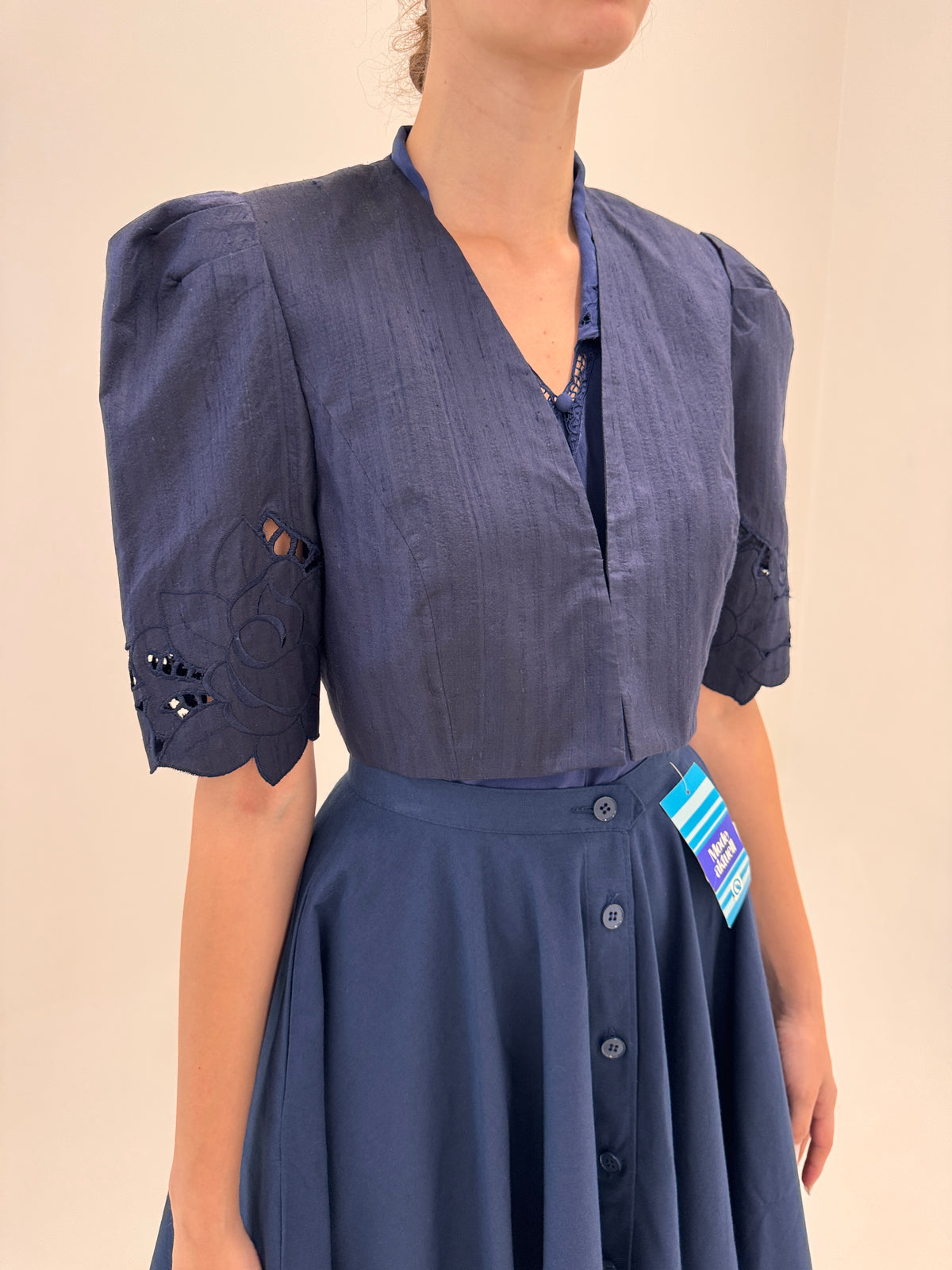 Sacou vintage din canvas de mătase naturală Navy blue cu broderie anglaise