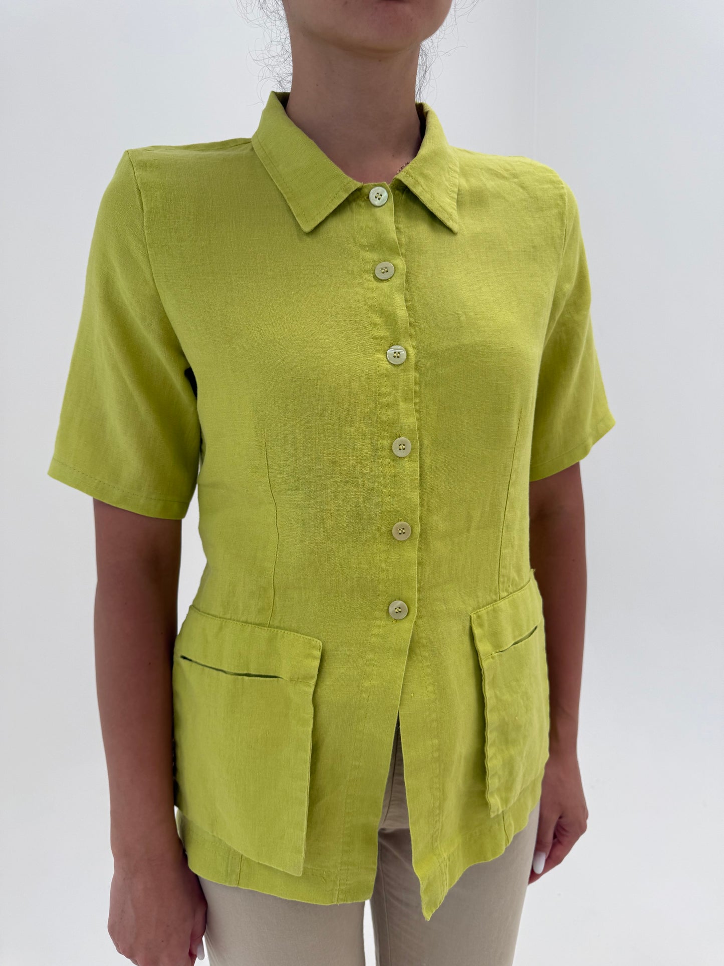 Cămașa neon green din in premium in croi minimalist cu influențe casual chic