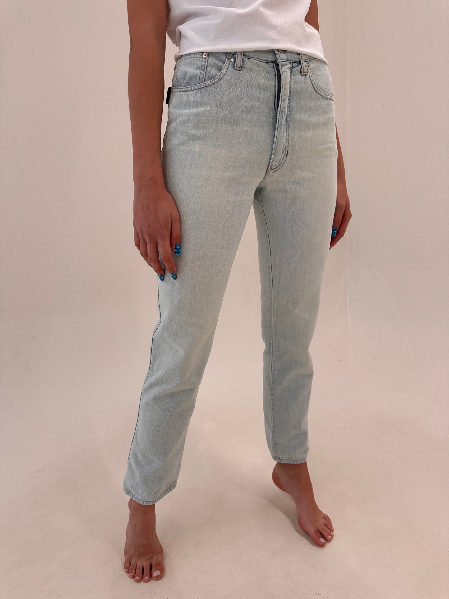 Jeans luxury Rocco Barocco de vară în croi clasic light wash cu talie înaltă