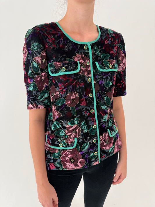 Top vintage în stil Chanel din catifea excepțională cu nasturi bijuterie